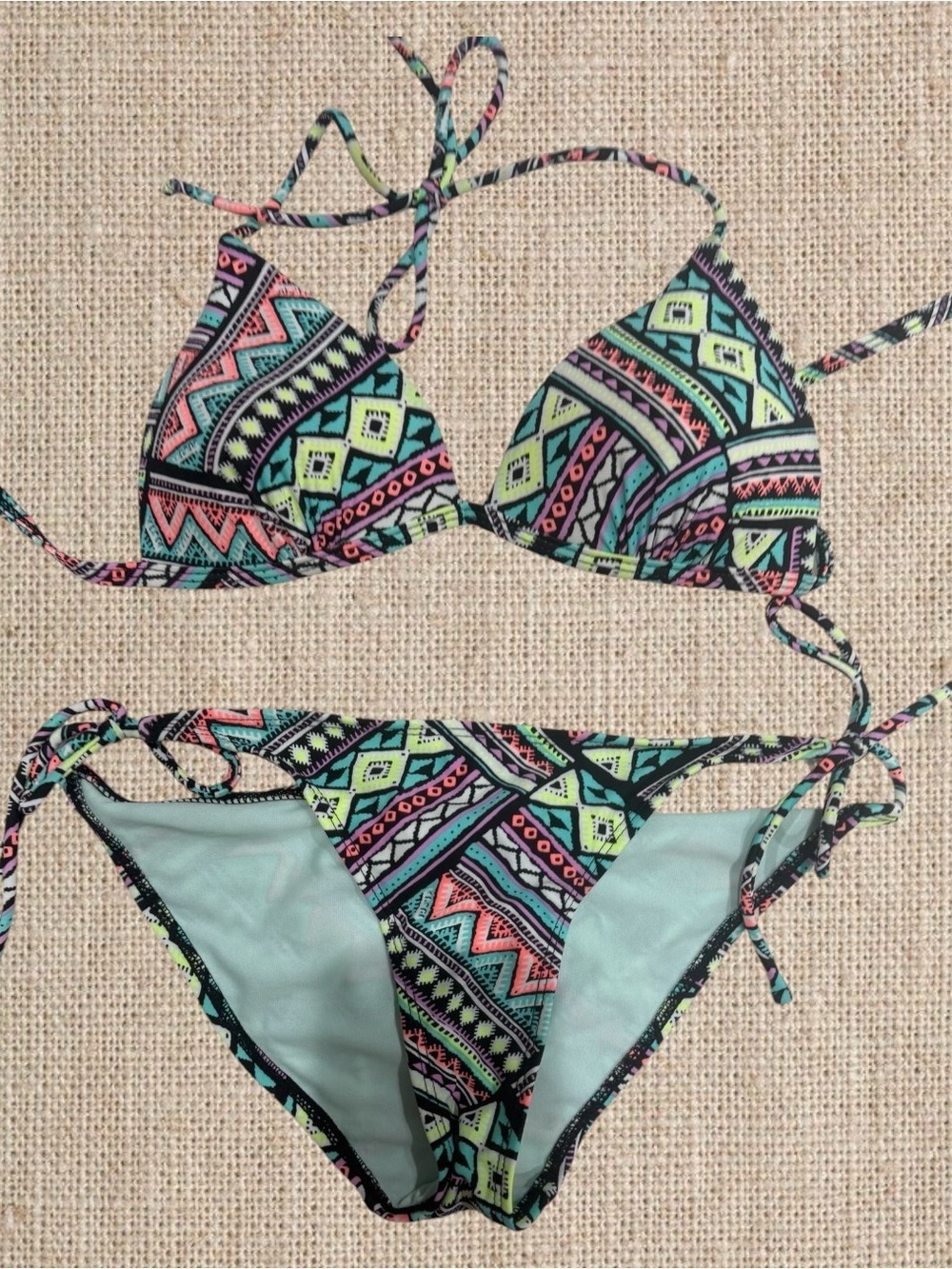 OP Multicolor Tribal Print Bikini Top - Black, Teal, Neon Green, Coral - Picture 3 of 4
